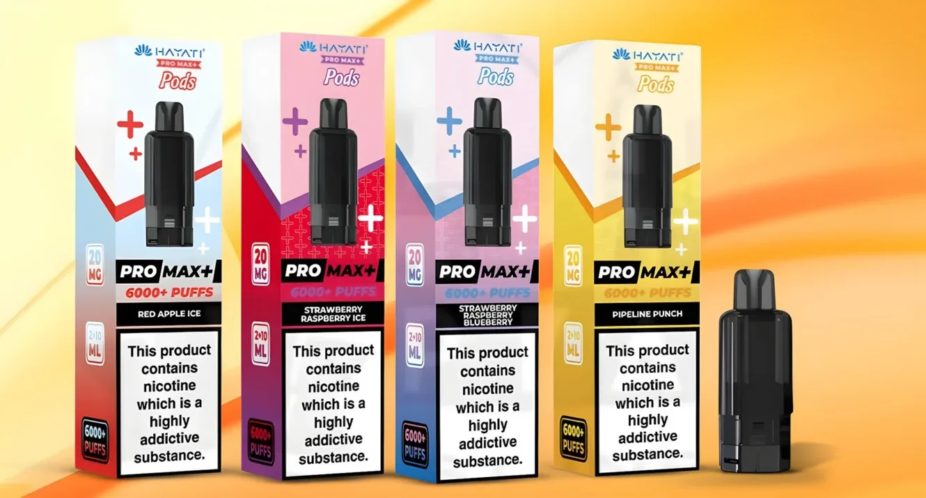 Four Hayati Pro Max Plus pods boxes: Red Apple Ice, Strawberry Raspberry Ice, Strawberry Raspberry Blueberry, Pipeline Punch